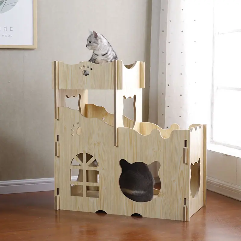 Casa de gato de madeira de simulação, casa de gato de quatro estações placa de mobília casa de gato brinquedo vila ninho