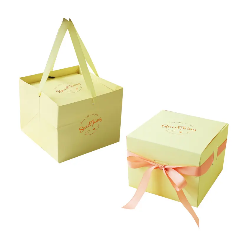 Toptan doğum günü partisi hediye kek kutusu ambalaj özel baskı 10 inç karton kağıt düğün pastası kutusu kolu ile