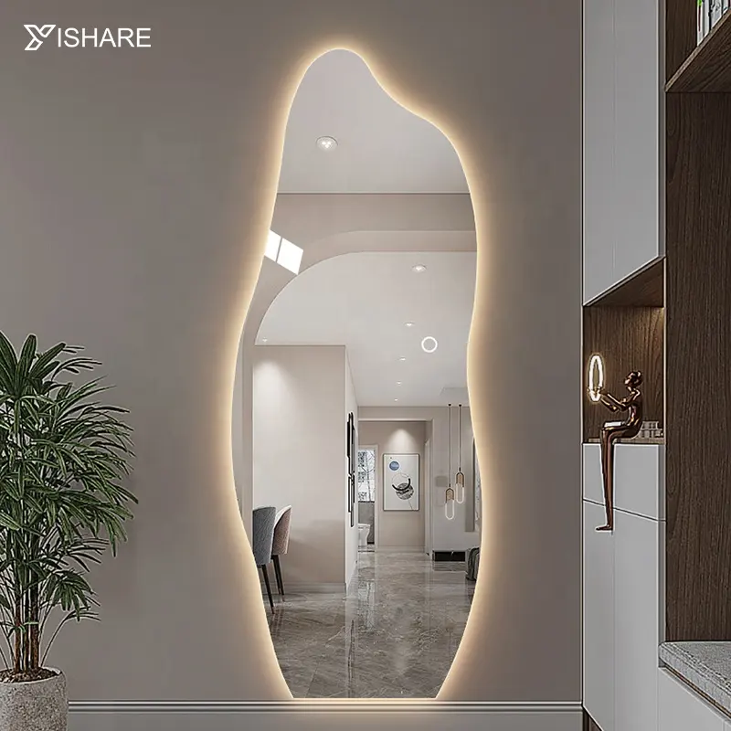 Espelhos decorativos para casa, espelhos irregulares de parede com luz iluminada inteligente de led