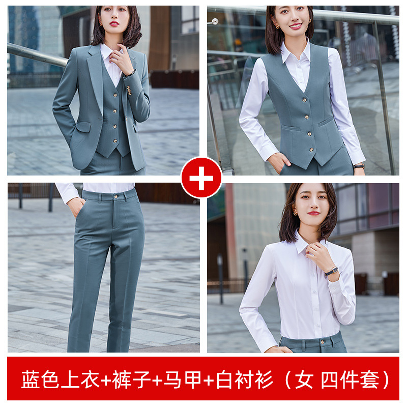 Blazer bleu femme + chemise blanche + gilet + pantalon