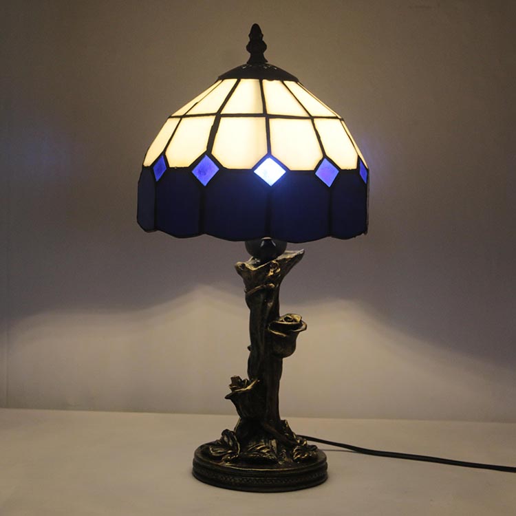 LongHuiJing Blue Retro Stained Glass Tiffany Style Table Lamp Bedside Reading Lamp
