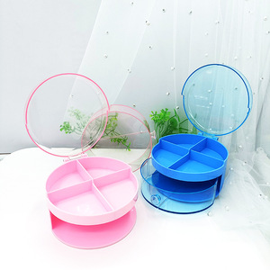 キッズかわいい丸型ダブルデッキプラスチック化粧品ジュエリー収納ボックスデスクトップボックス引き出し付きイヤリングリング収納用 - Product Image 1