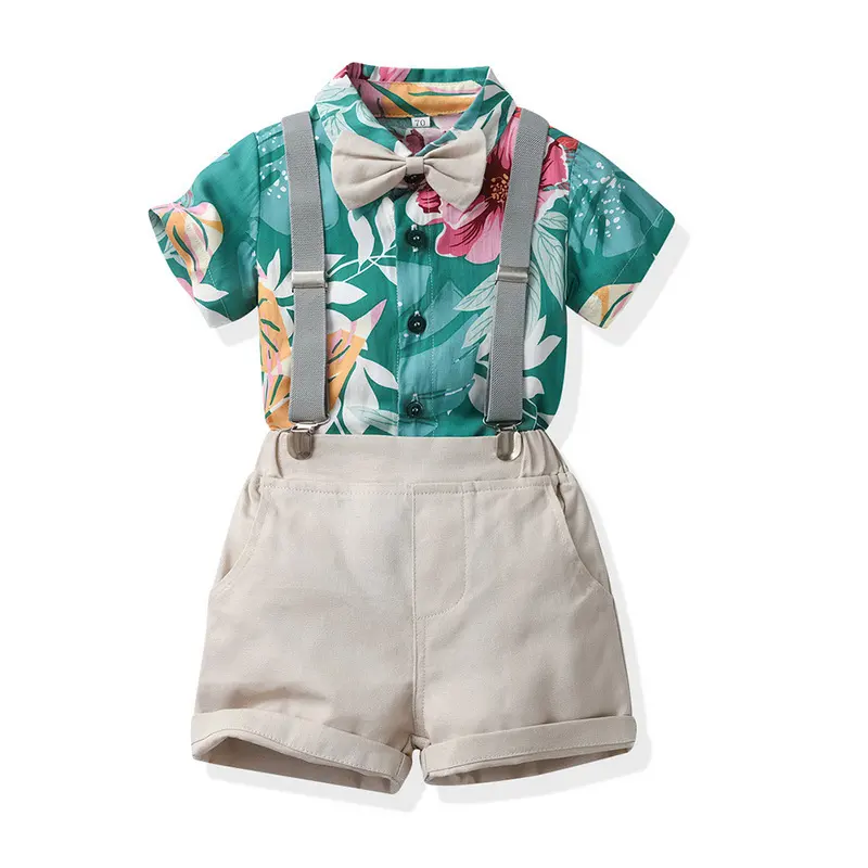 Europa e stati uniti bambini camicia a fiori camicia a maniche corte con fiocco pantaloncini con cinturino posteriore set cardigan in cotone da spiaggia 2 pezzi