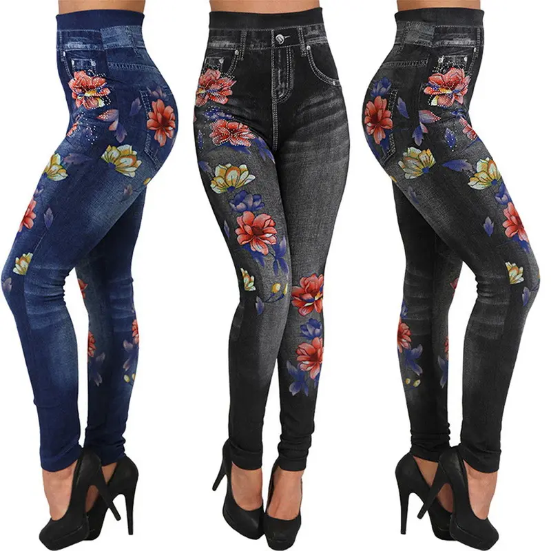 Mallas con estampado Floral para mujer, pantalones largos ajustados de alta elasticidad, Leggings vaqueros de imitación sin costuras