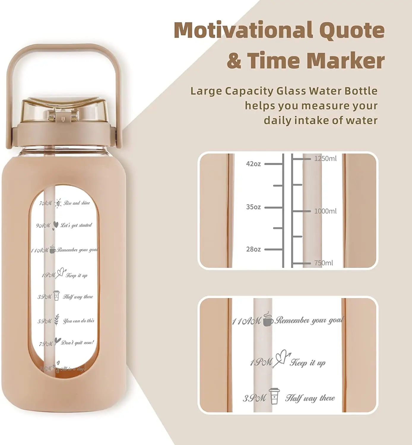 Botella de agua de vidrio de 64oz, sin BPA, Media galón, deportiva, motivadora, con mango de paja y funda de tapa