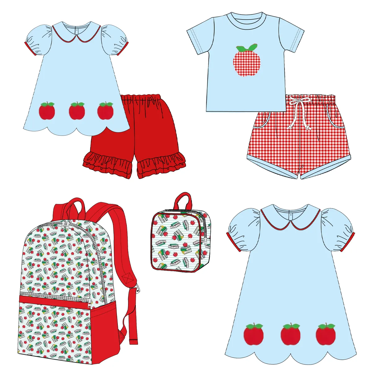 2024 नया डिज़ाइन बैक टू स्कूल बच्चों के कपड़े एप्पल एप्लिक लड़कों के कपड़े सेट