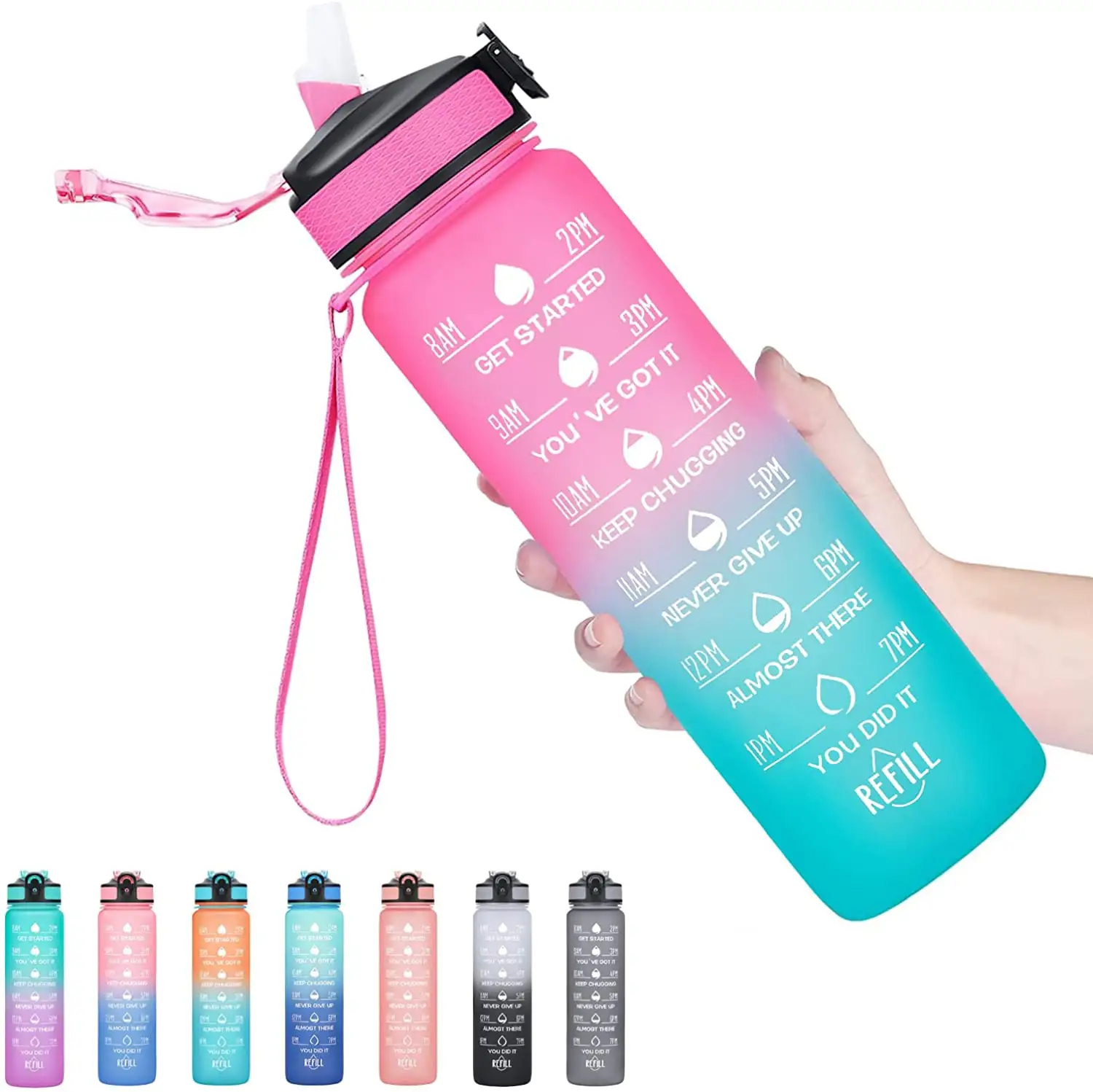 M573 Outdoor Leakproof BPA Free Water Bottle 32 oz Motivational Plastic Sports Water Bottles Gym With Time Marker Drink Straw