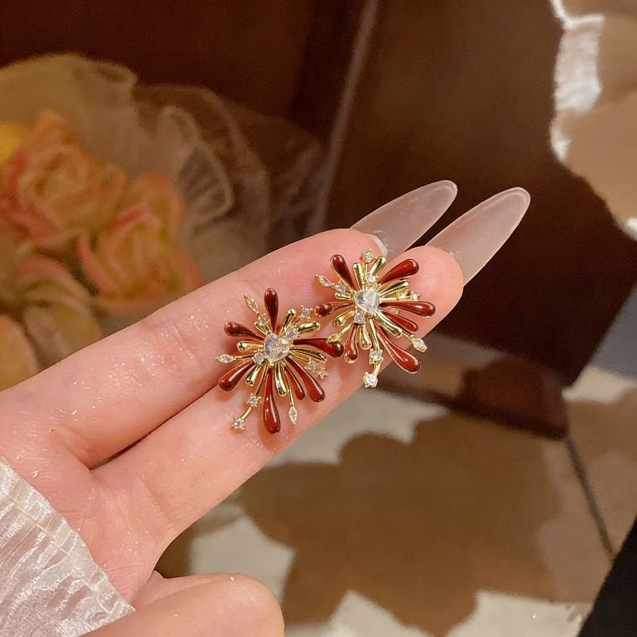 Boucles d'oreilles zircon rouge brillant feu d'artifice