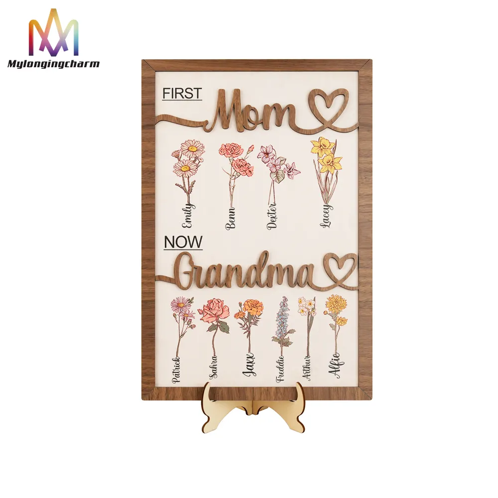 Personalized Birth Month Flower First Mom Now Grandma Wood Sign, Custom Kids Name Home Decor Wooden Plaque For Mother Day Gift