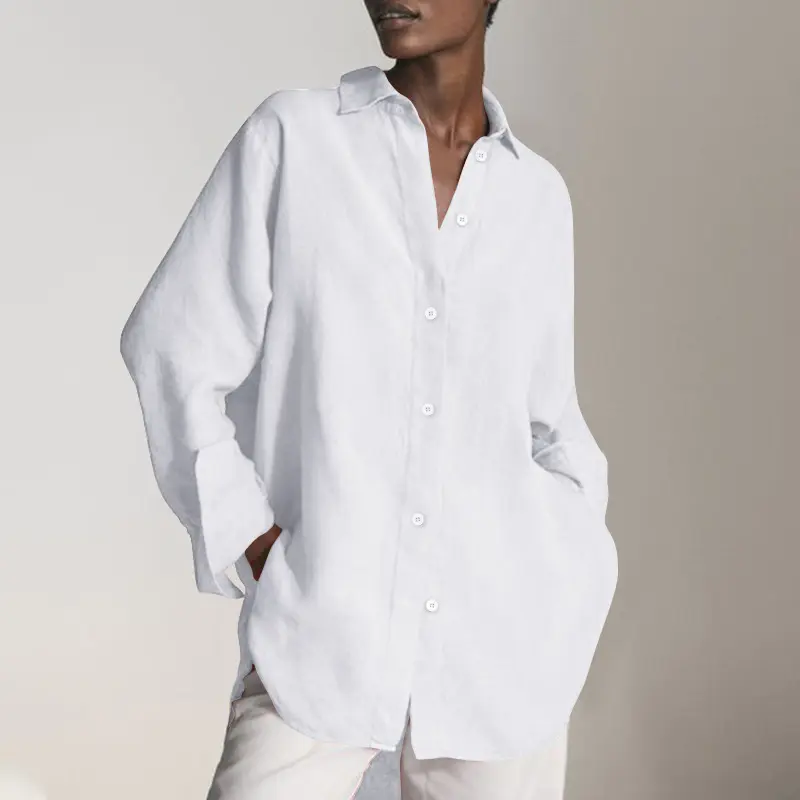 Camisa de lino de algodón blanca personalizada para mujer, tops de manga larga para mujer, ropa de oficina, blusa formal lisa de talla grande para mujer