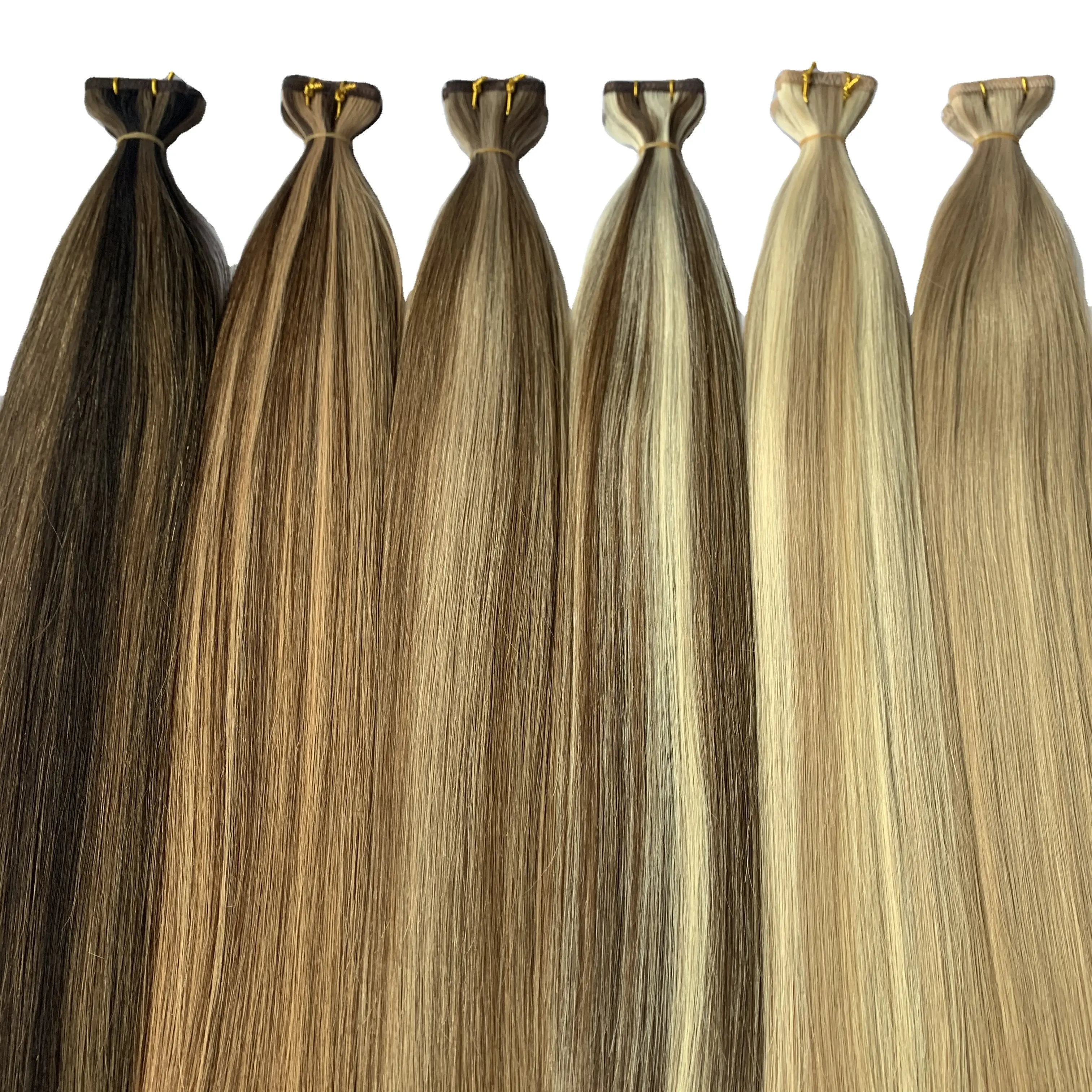 Thin Invisible Soft Light Russian Hair Extensions human Hand Tied Weft hair bundles Genius Weft