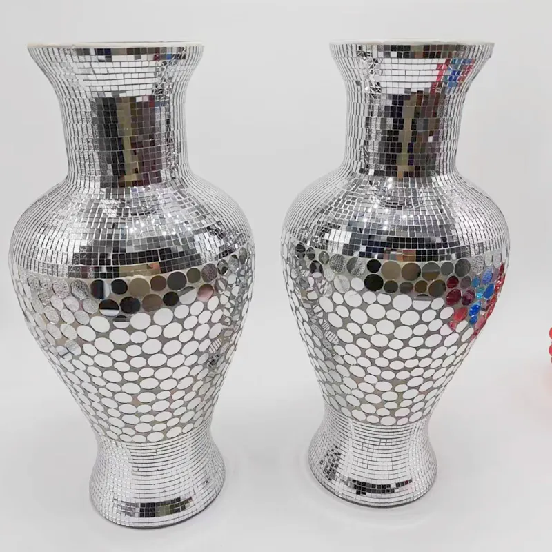 卸売ヨーロッパホットセラービッグガラスモザイク花瓶ホームウェディングセンターピースアートデコレーションシルバーモザイクデザインガラス花瓶