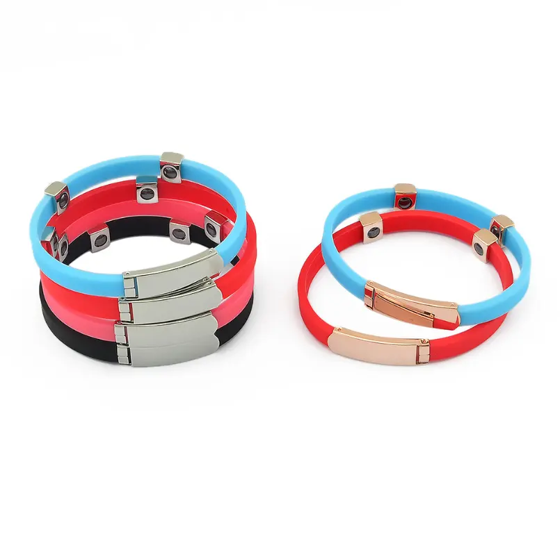 FREE SAMPLE metal Pulsera de silicona stainless beads rubber charm colorful ion wristband silicone bracelet