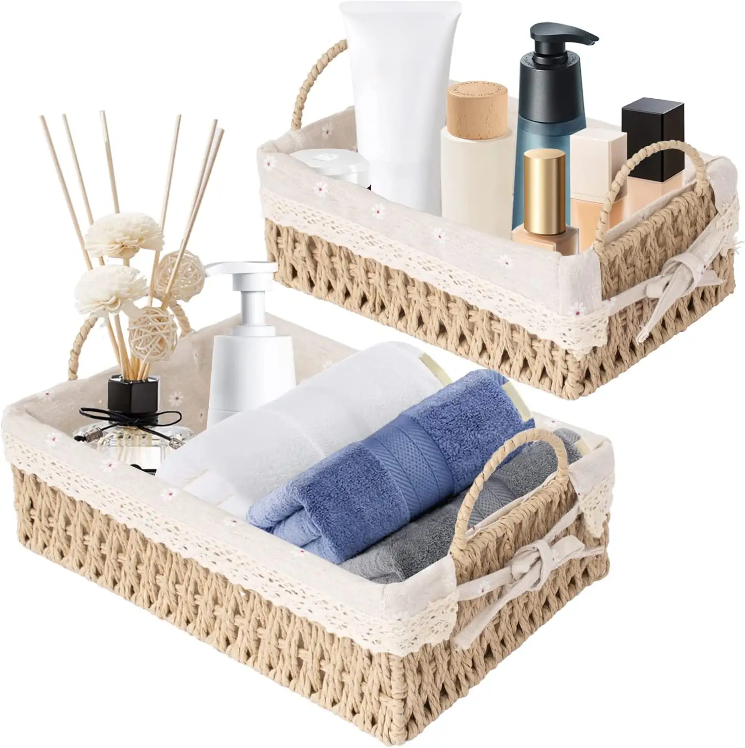 Paper Baskets for Shelves Nesting Decorative Woven Basket Set for Organizing Handmade Storage Baskets with Handles and Liners