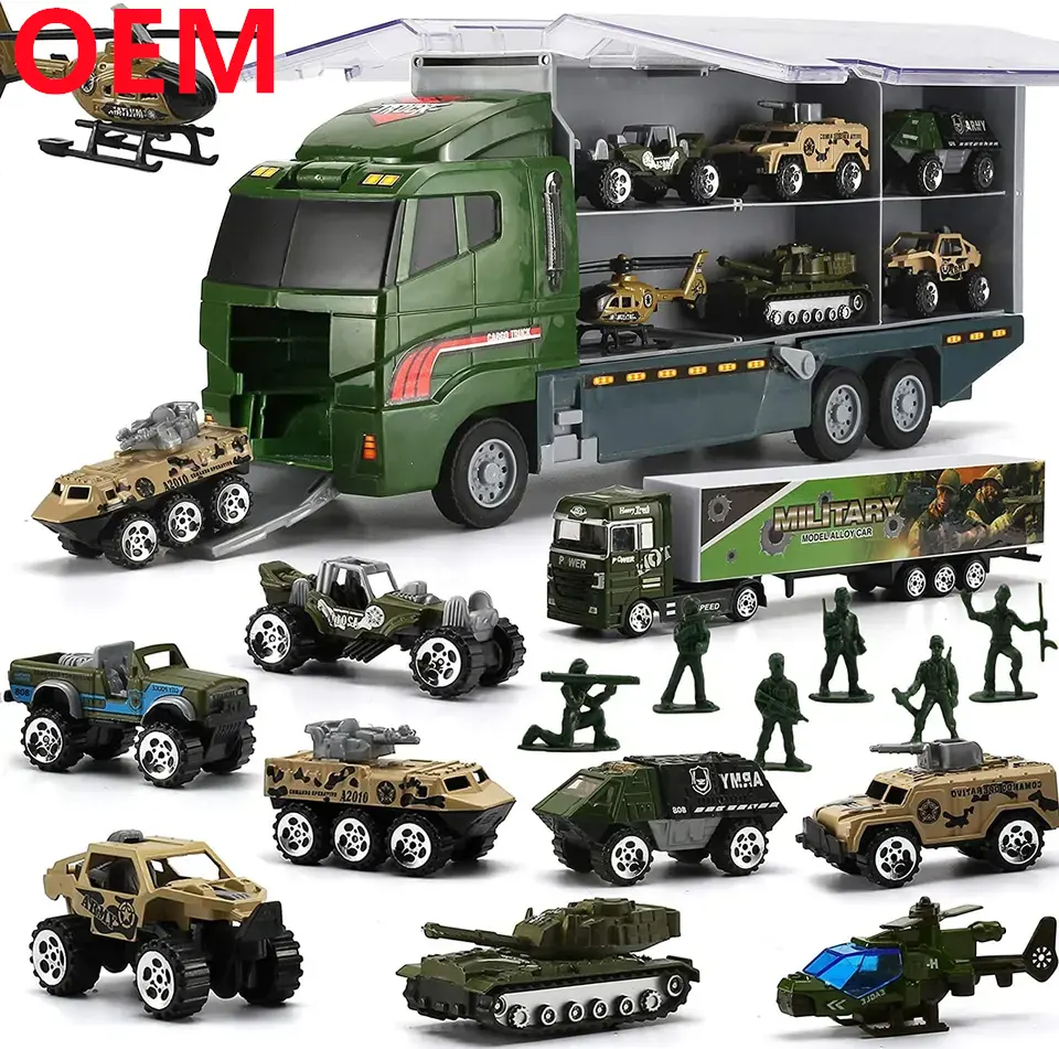 مصنع لعبة شاحنة عسكرية مخصصة مع جندي مجموعة رجال سيارة معركة صغيرة في شاحنة حاملة مخصصة