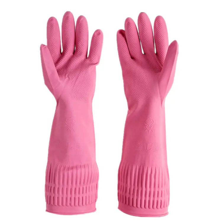 Недорогие удобные многоразовые резиновые водонепроницаемые розовые с длинным рукавом 38 см, садовые перчатки для прачечной, кухни, мытья посуды, домашние перчатки
