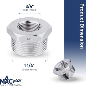 不锈钢六角衬套异径管1-1/4 “公NPT至3/4” 母NPT变径管适配器配件 - Product Image 4