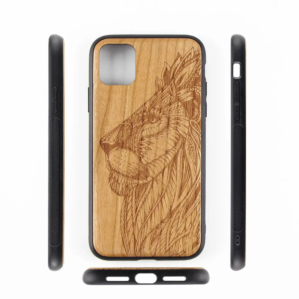 Casing ponsel Laser kayu dengan efek holografis dan perlindungan kayu ceri casing penutup belakang ponsel untuk iPhone 13 Pro 14 Max