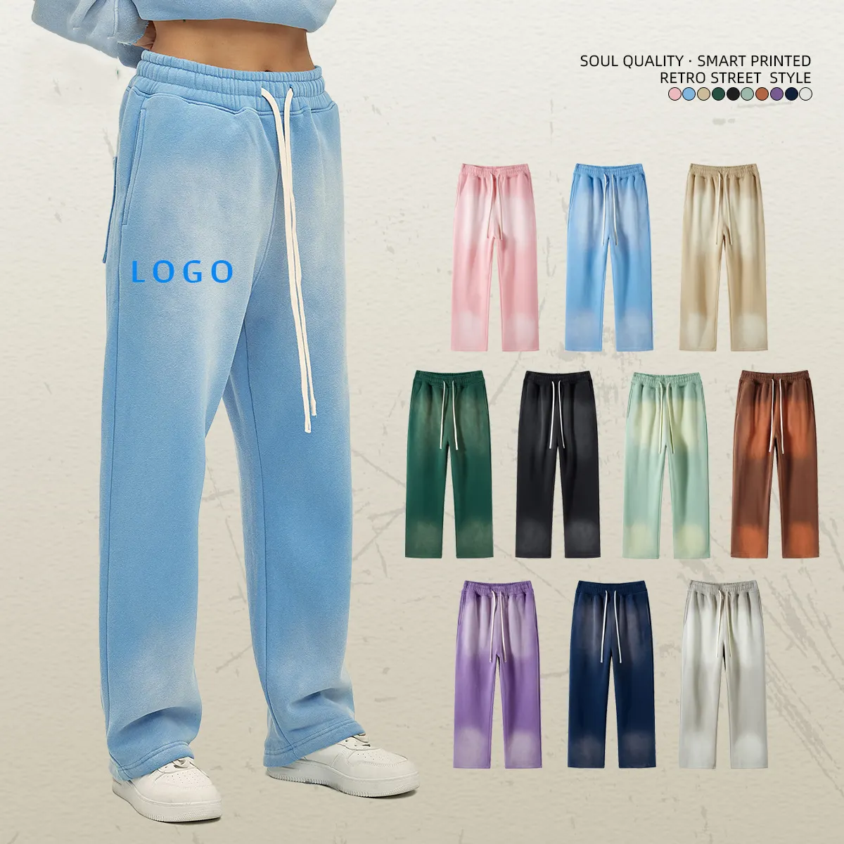 Üretici Streetwear elastik İpli 300 gsm polar özel asit degrade yıkama düz Fit erkekler Jogger Flare Sweatpants