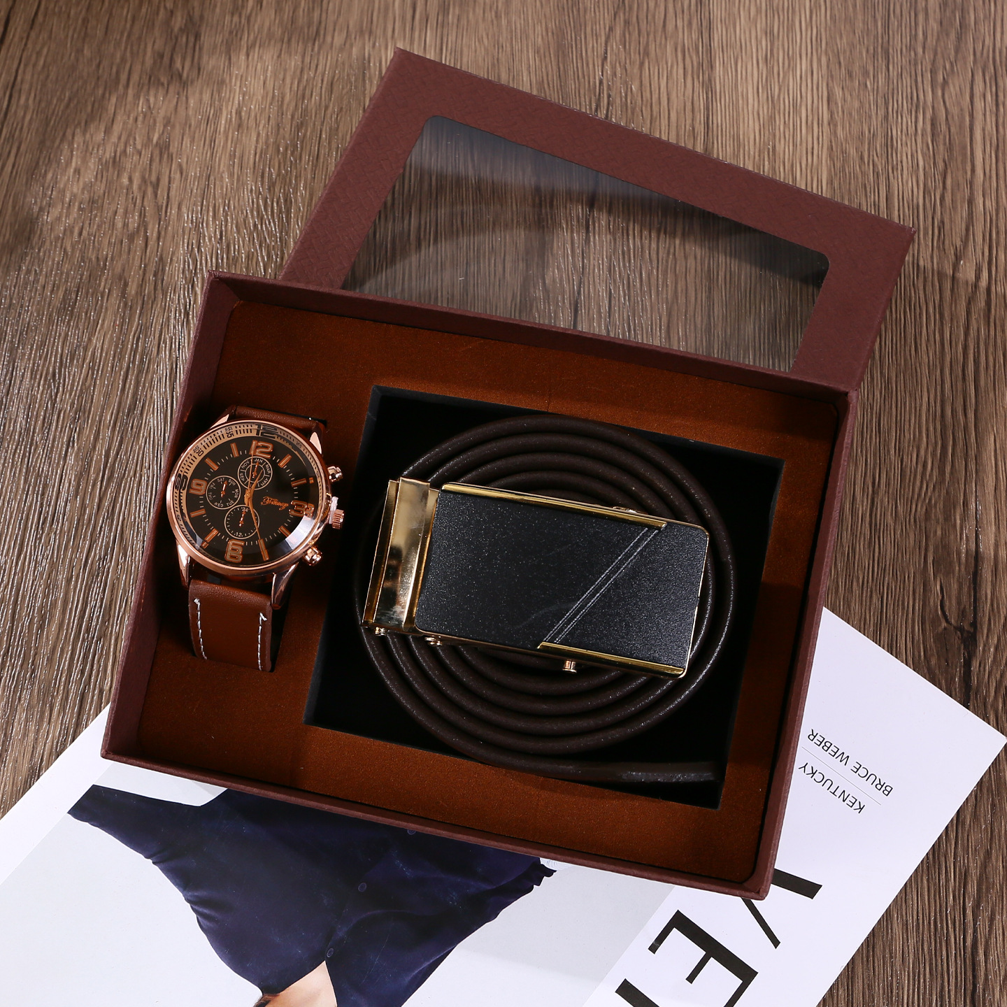 3-piece set in brown (with leather strap, watch, and elegant gift box)
