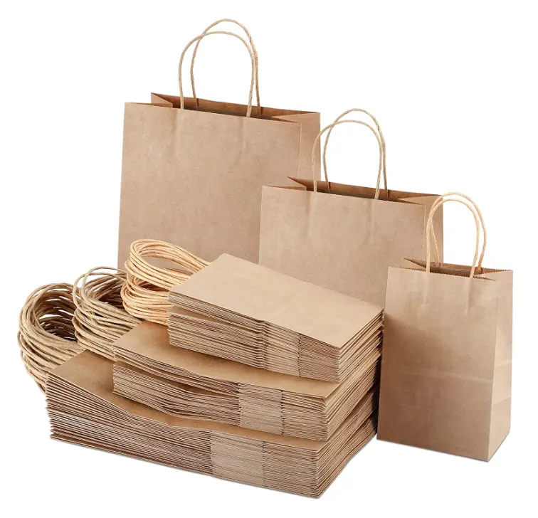リサイクルカスタムロゴプリント食料品ショッピング包装ブラウンクラフト紙バッグハンドル付き