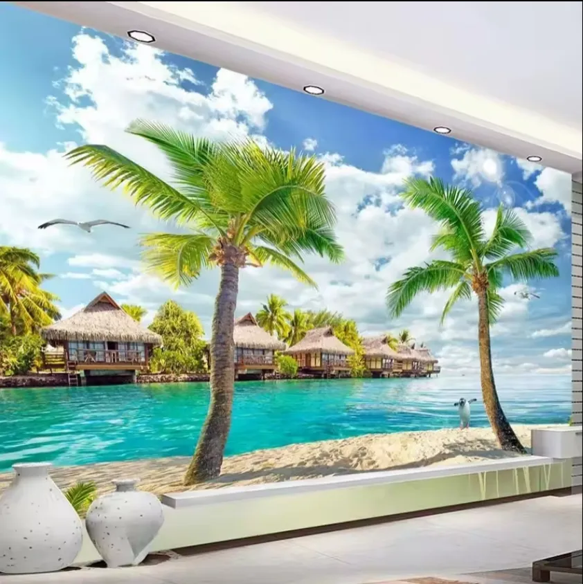 Custom Mural Wallpaper 3D Stereo Sea View Coconut Tree Landscape Painting Fresco Living Room Background Wall Mural