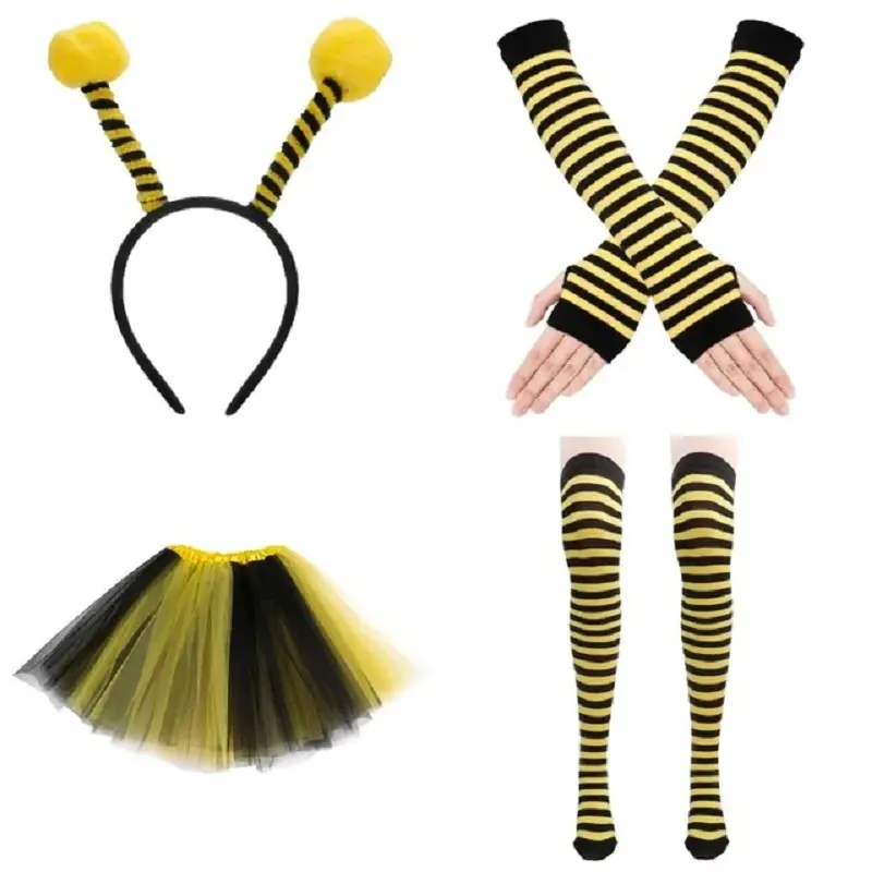 4 Pcs Costume Set Women Yellow Honey Bee Antenna Headband Tutu Skirt Striped Knee High Stocking Long Gloves For Cosplay Dance