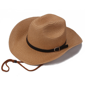Atacado personalizado aba larga verão palha chapéu unisex cowboy chapéus com corda
