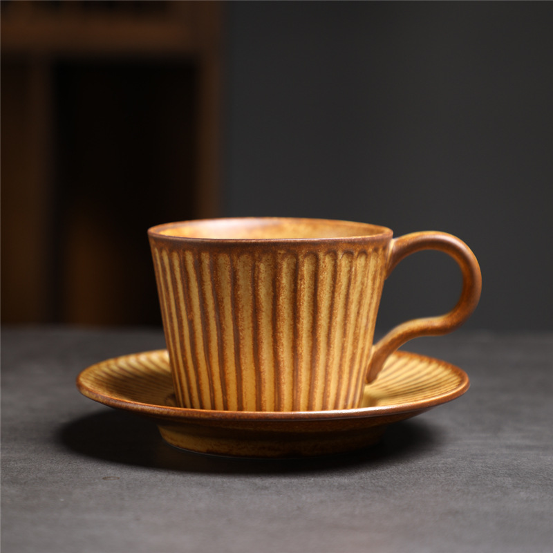 250-small size-vertical pattern wavy cup + saucer-brown-210ml