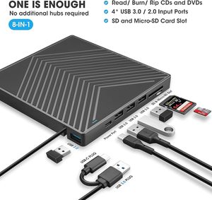 带sd卡读卡器和USB端口的外部光盘 +/-RW驱动器，用于笔记本电脑的USB 3.0 USB-C光盘驱动器刻录机