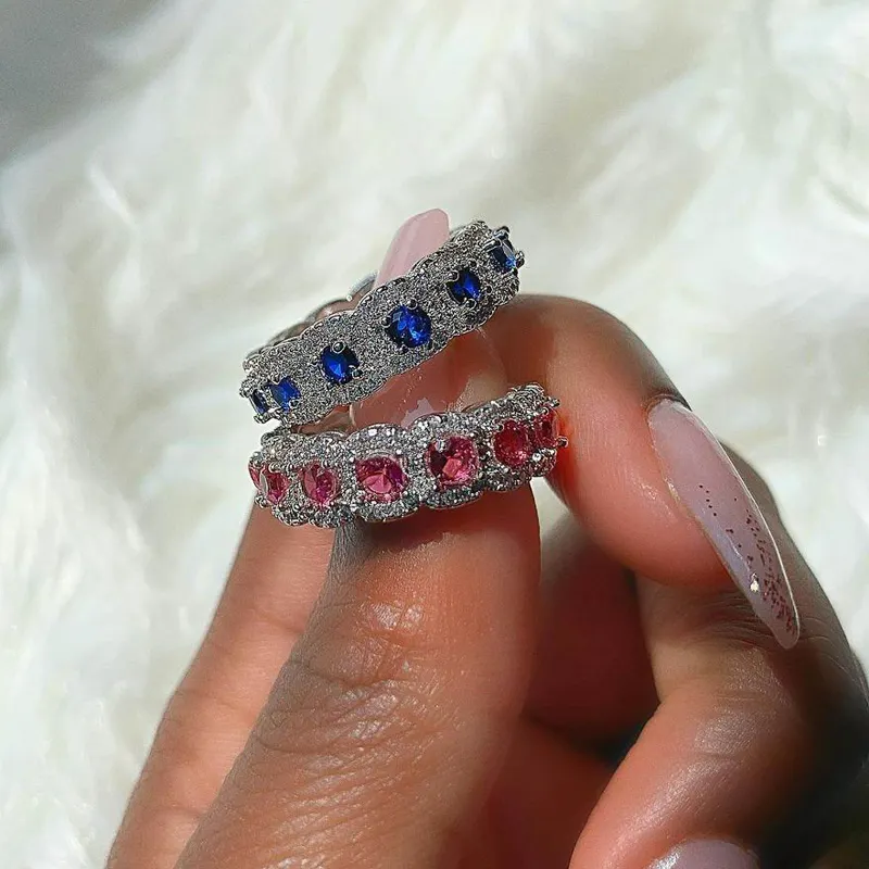 Pila di lusso Argento arcobaleno cz di fidanzamento band ring impilabile colorato di pietra della cz eternity wedding band anello per le donne
