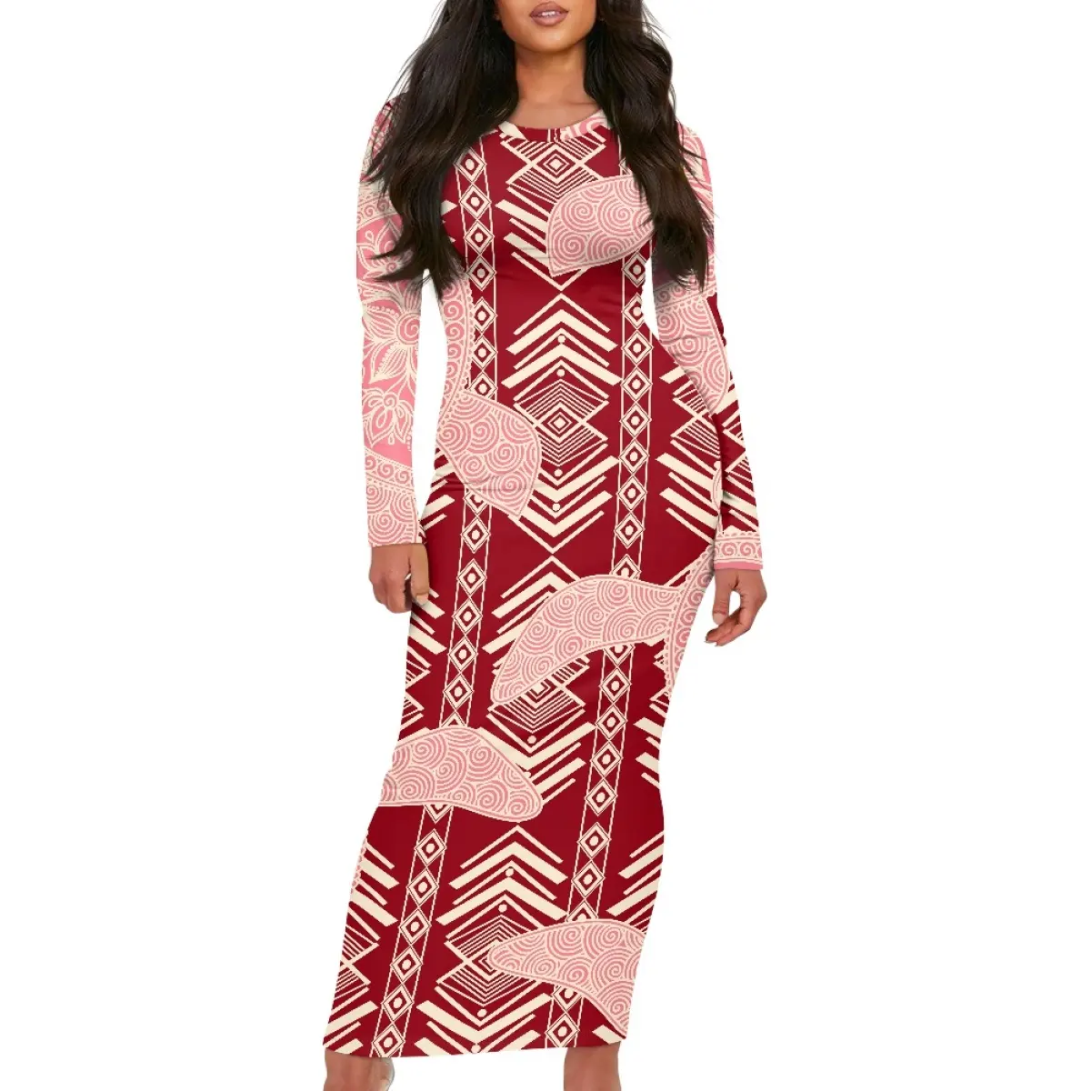 Custom Polynesian Style Crew Neck Lady Dress Print On Demand Slim Long Sleeve Skirt Colorful Tribal Clothing Women Dresses