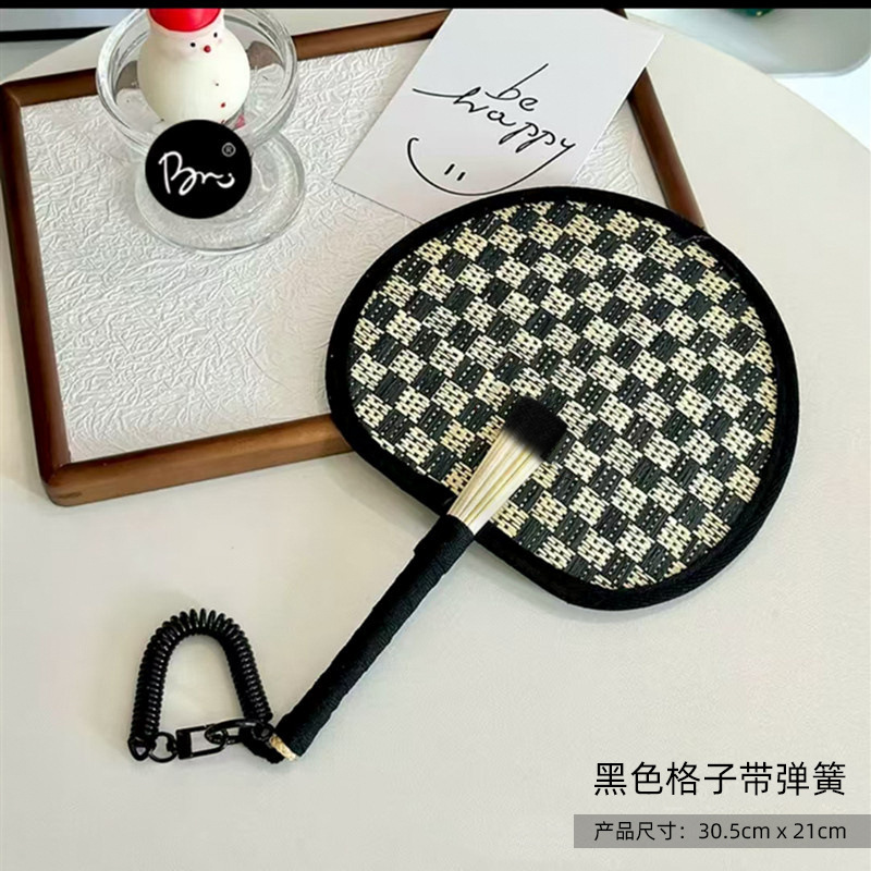 Black woven palm leaf fan - with hanging chain