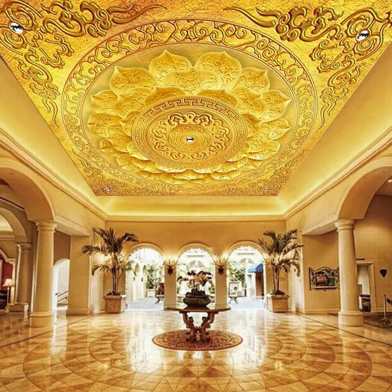 Luxury Golden Lotus Ceiling Wallpaper Mural Restaurant Religious Hotel Ceiling Wallpaper