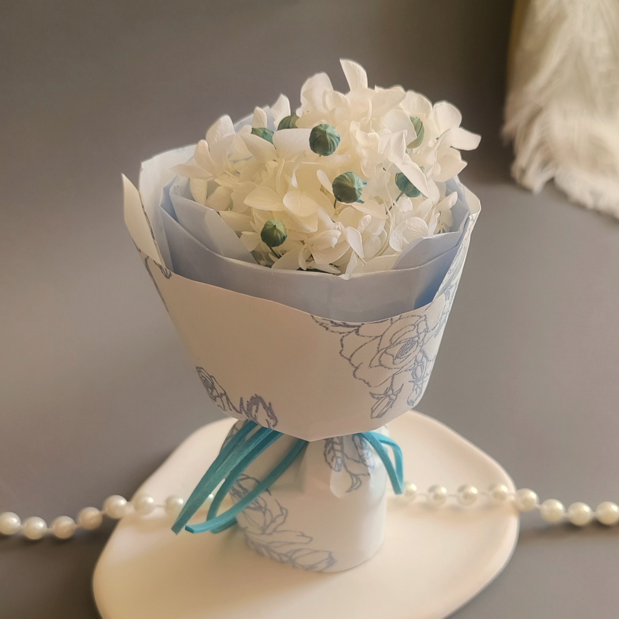 White Hydrangea + Love Bean Bouquet