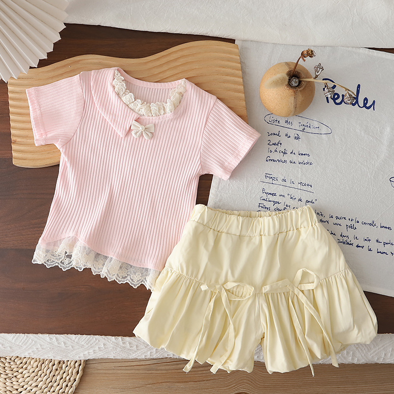 Zone 3 7 Rows Lace Edge Short Sleeve Pink Suit