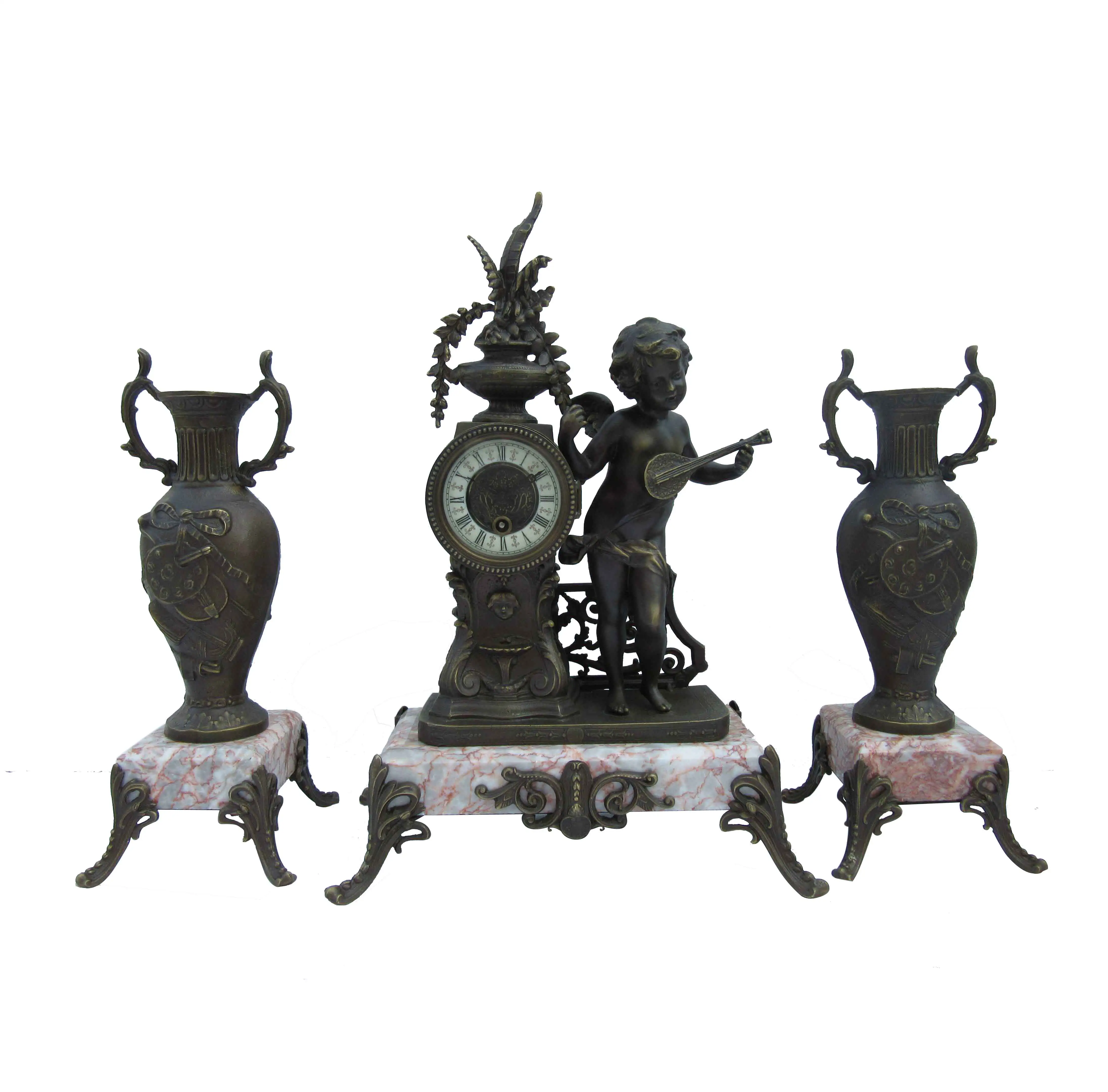 Ensemble d'horloge de cheminée en marbre de style français antique 3 pièces, figurine en laiton moulé "chérubin jouant de la guitare" horloge mécanique et urnes