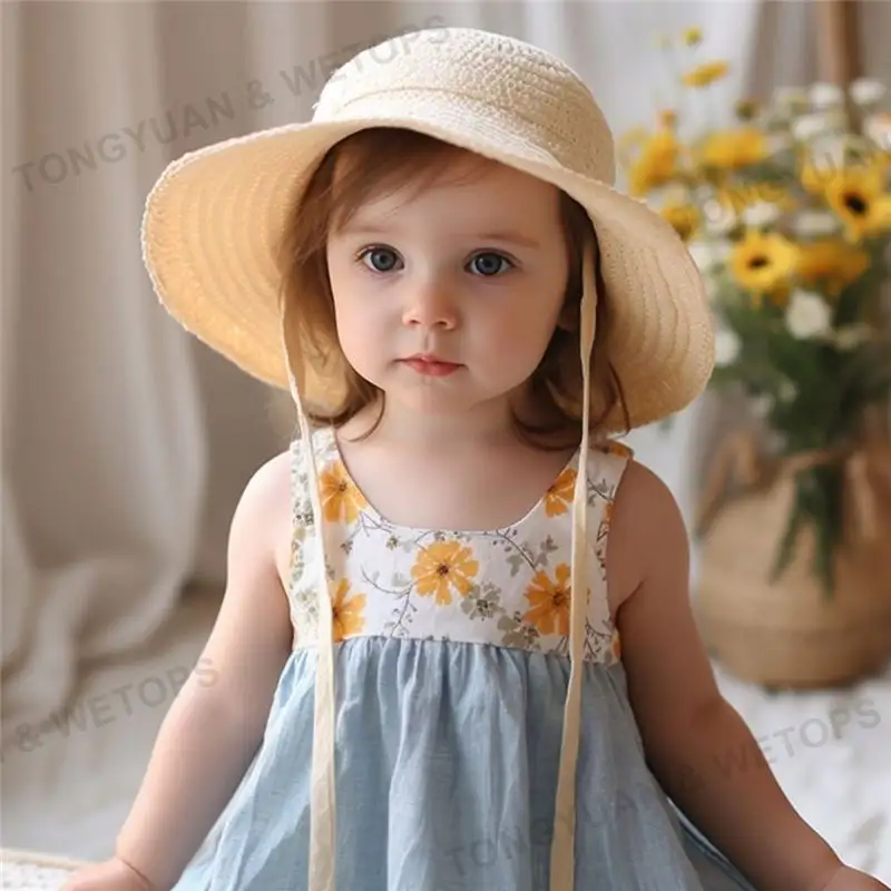 Summer Sleeveless Beach Thin Light Sweet Kids Dress Sarafan Floral Cheap Flower Cotton Toddlers Baby Girls Casual Dress with Hat