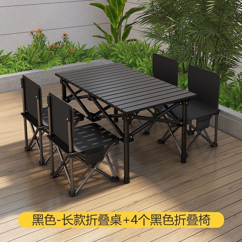 Black and silver colored 95cm long table with 4 36cm folding chairs