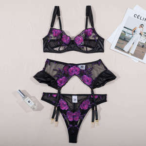 Women's Sexy <strong>Transparent</strong> Floral Set with Rose Embroidery Mature Fashionable <strong>G</strong>-<strong>String</strong> Lingerie in Size L