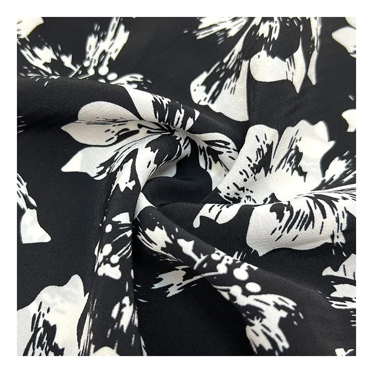 Baixo MOQ tecido estampado para vestido com estampa digital de crepe 100% poliéster preto com estampa floral