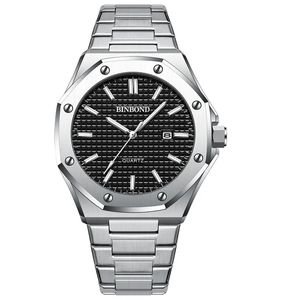 Binbong B0233 Fashion Casual Mannen Horloge Grote Wijzerplaat Zilver Rvs Kalender Quartz Polshorloge Klassiek Topmerk Mannelijke Klok