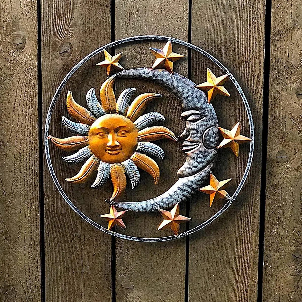 Escultura artística colgante de Metal para pared, escultura artesanal de sol, luna, estrellas, decoración para el hogar, jardín, interior y exterior