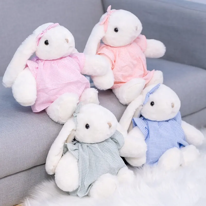 Custom Wit Lange Oren Gevulde En Pluche Speelgoed Konijn Met Jurk Voor Meisjes Pluche Baby Dekbed Gevulde Dier Pop Pluche bunny