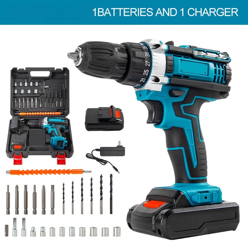 Perceuse sans fil bleue avec une batterie et un chargeur, coffret d'outils