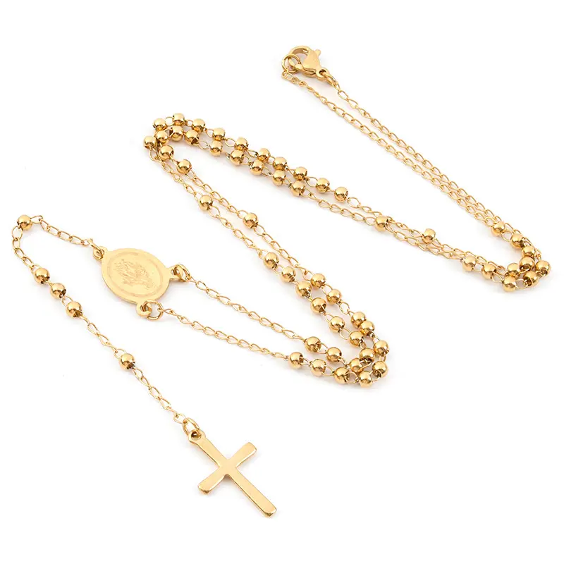 Colar de pingente em cruz banhado a ouro, colar banhado a ouro, em formato de y, colar com miçangas, rosário católico