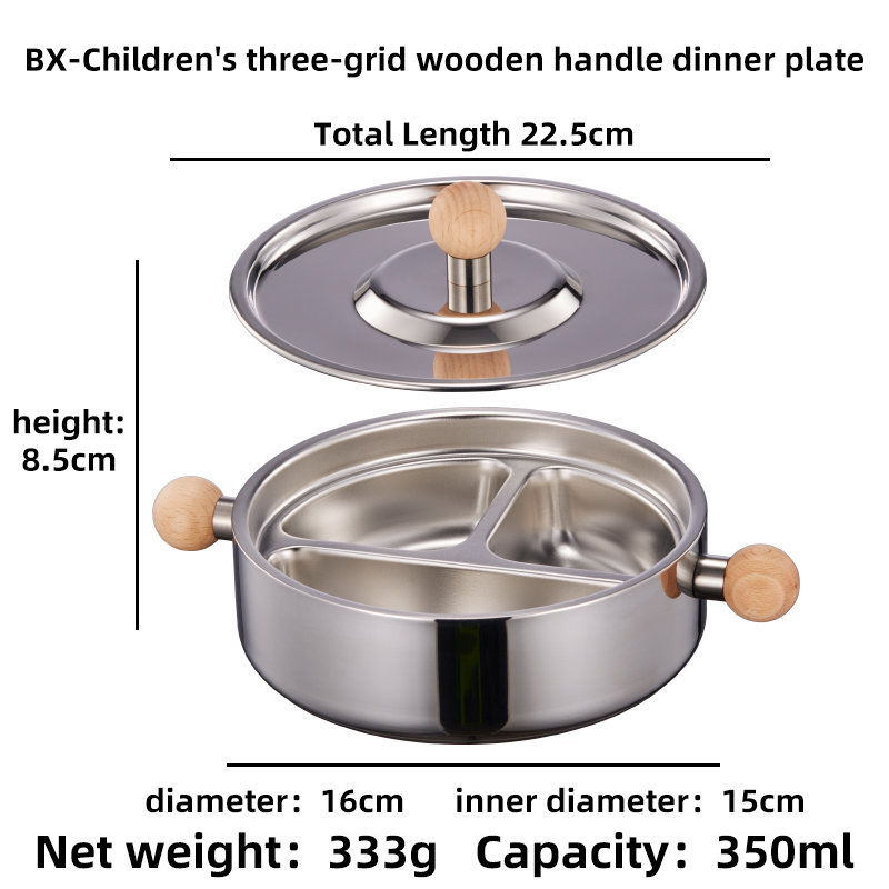 Assiette à trois compartiments pour enfants BX avec manche en bois.