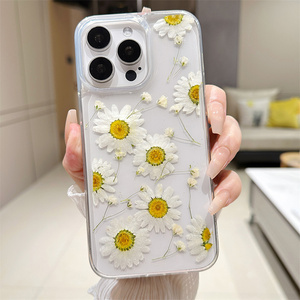 Gerçek kuru çiçek beyaz papatya iPhone için kılıf 16 15 14 13 12 Pro Max 7 8 artı telefon kılıfı iphone için kılıf 11 XR X XS Max temizle TPU kapak
