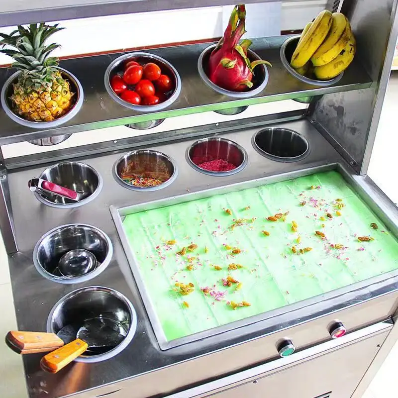 Ticari tek pot dondurulmuş taze meyve yoğurt fritöz dondurma rulo makinesi