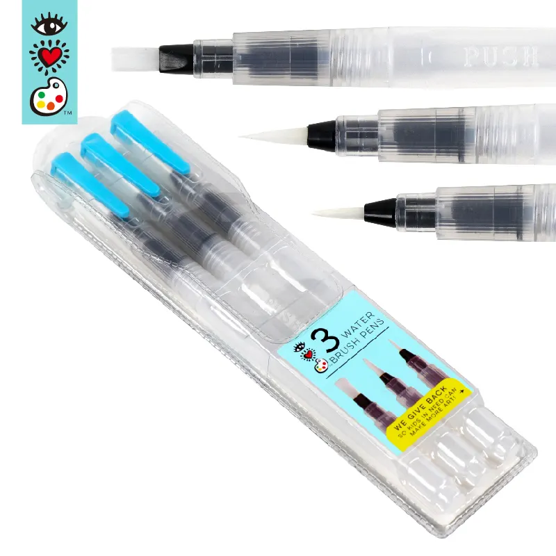 Set of 3 Aqua Water Brushes for Watercolor Painting,Water Soluble Pen with Flat & Round Tips